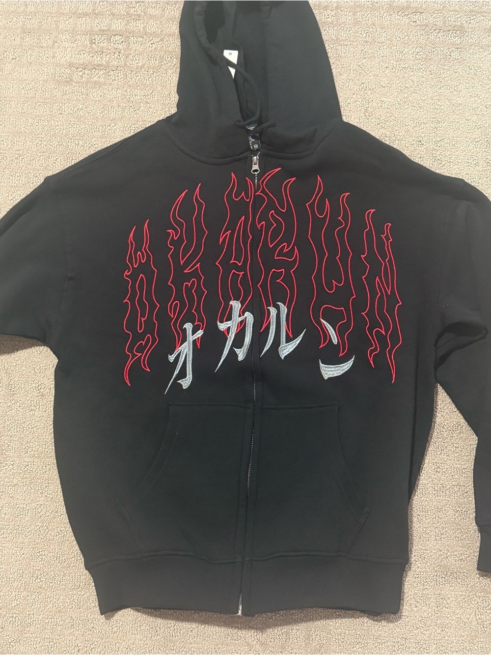 Black Zip-Up Hoodie with Red Flame Embroidered Graphic